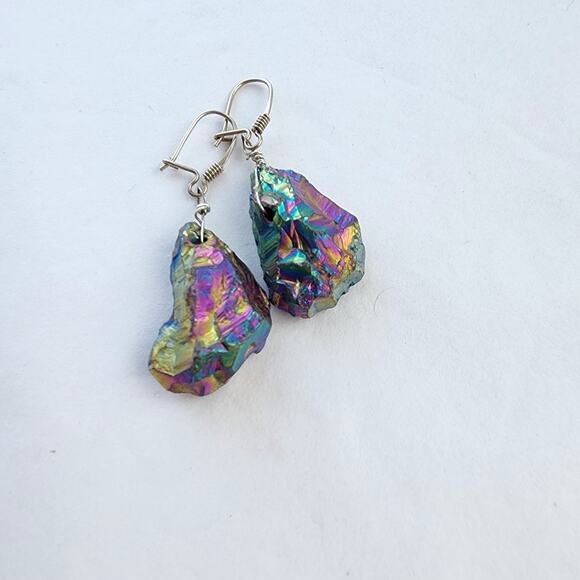 Handmade Sterling Silver Earrings Long Natural Stone Titanium Quartz AB Teardrop - Picture 3 of 5